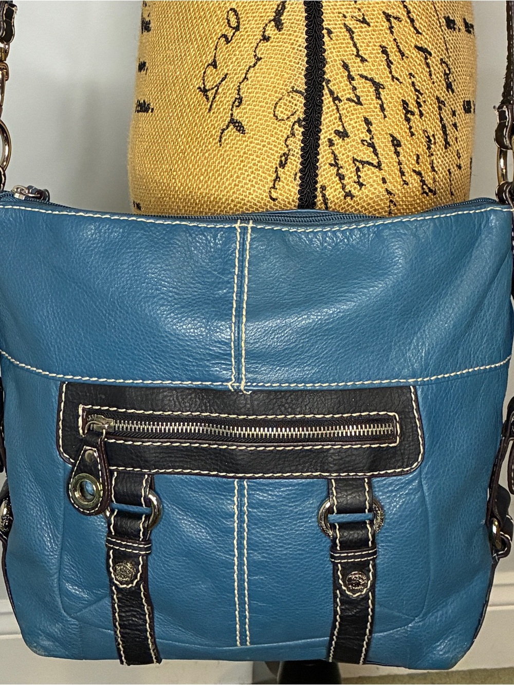 Tignanello Blue Leather Crossbody with Black Trim Purse
